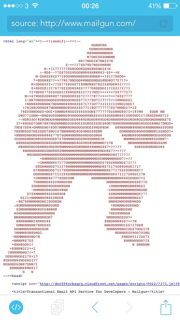 Srcfari's tweet image. Love this. An ASCII image of the Incredible Hulk in the @Mail_Gun website source code. #AwesomeSource