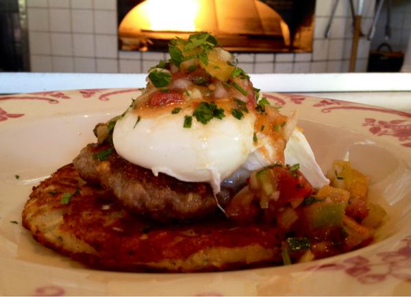 Today’s breakfast… Hash Browns, House Made Pork Sausage, Cheddar, Tomato Relish & Organic Poached Eggs!!! Yum!