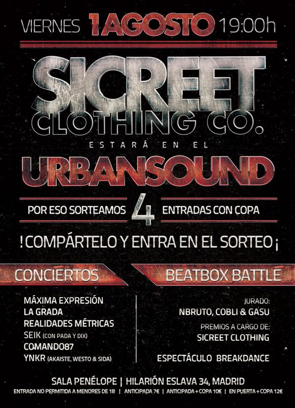 SicreetClothing's tweet photo. SORTEOOOO...Siguenos y Haz RT en esta publicacion y podras conseguir una entrada "GRATIS" para el URBAN SOUND http://t.co/XetJsRnOln