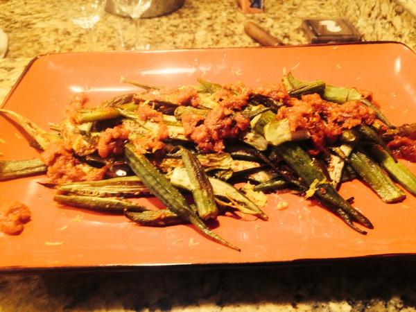 gavinthenext's tweet image. Roasted Louisiana okra with harissa, a fiery North African chili paste. #roots  #local&amp;amp;global #badcamera
