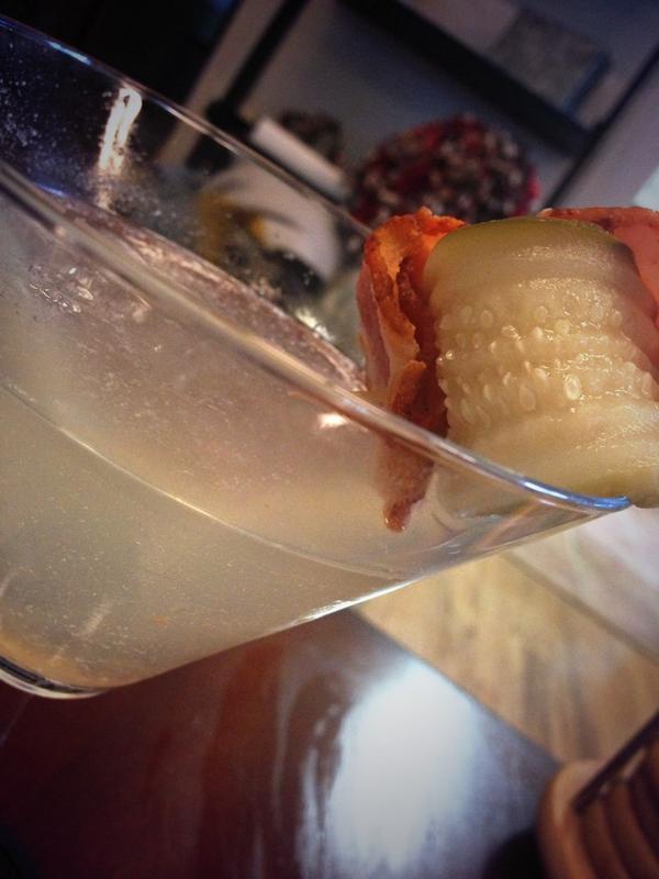 kaygrizwald's tweet photo. We have a #mixologist on our hands - pickle and bacon #martini http://t.co/IALpxG7w2Q