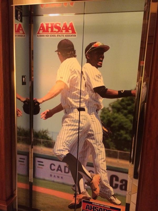 ToroBaseball's tweet photo. On the elevator doors in the Renaissance Hotel in Montgomery. Go Toros! http://t.co/K2fWZvvUer