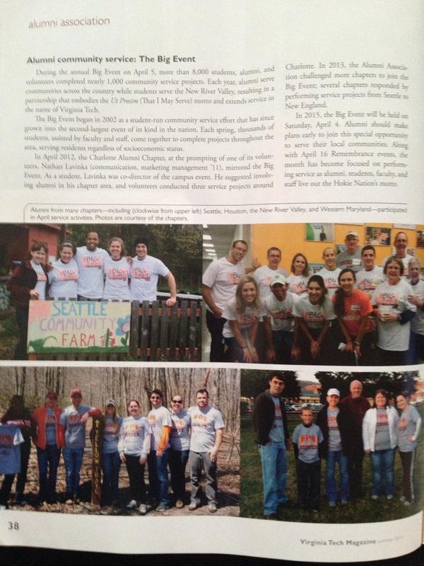 nathanlavinka's tweet photo. That was a great write up about the @AlumniBigEvent in the @VT_alumni magazine!!  (The Big Event is April 11, 2015) http://t.co/e461WA3Ryt