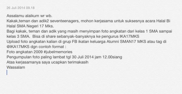 IKA17MKS's tweet photo. Selamat pagi warga seventeenagers. Mohon bantuan kakak,teman dan adik untuk acara halal bi halal, #jubelmemories http://t.co/Fzo9Pq9rQ2