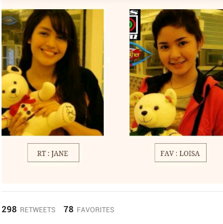 TeamJOSHUAnatic's tweet photo. It proves that Jane is more love by the people. #TeamJaneFansAreTheBest

298 for Jane
78 for Loisa http://t.co/WPbxZisX7H