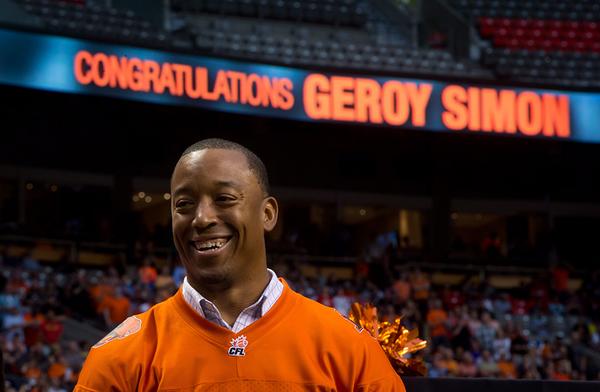 CFL's tweet photo. PHOTO: @geroysimon all smiles during his Ring of Honour ceremony #ThanksGeroy #FNF #CFL http://t.co/VtT00ahiGO
