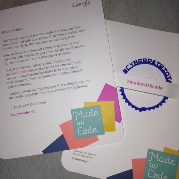 koluker's tweet image. Just got my #madewithcode bracelet.  #cyberpatriot #coderswag #helloworld ift.tt/1rGJD9A