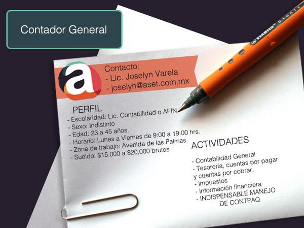 asetmexico's tweet photo. VACANTE URGENTE!! CONTADOR GENERAL. Contacto: Lic. Joselyn Varela @_POLANCO_ @PolancoLomas joselyn@aset.com.mx http://t.co/9c8YMkckGT