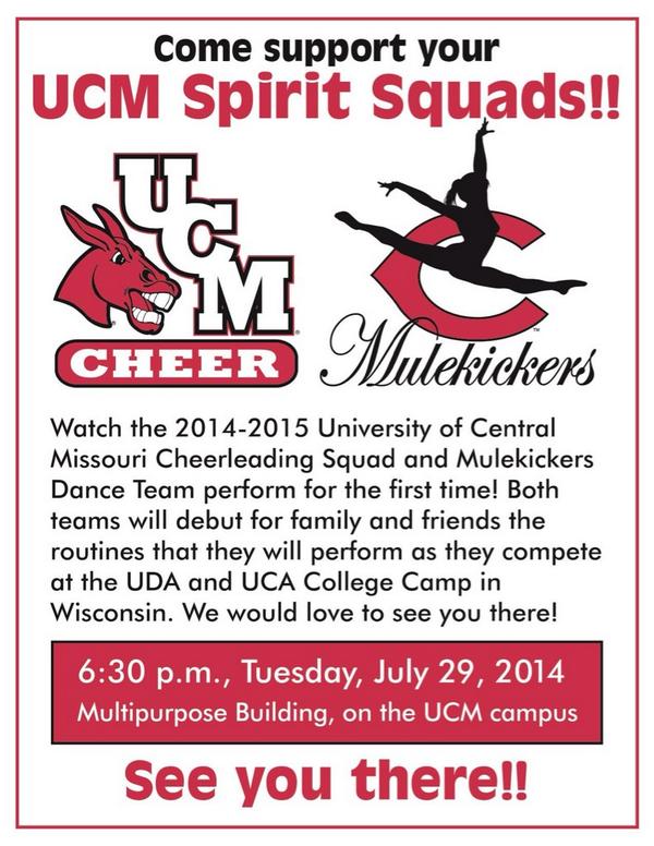 UCMCheerleading's tweet photo. Don't forget about our meet the squads and performance on Tuesday!! @MuleKickers @UCMMULES @UCentralMO http://t.co/92SgFunoNA