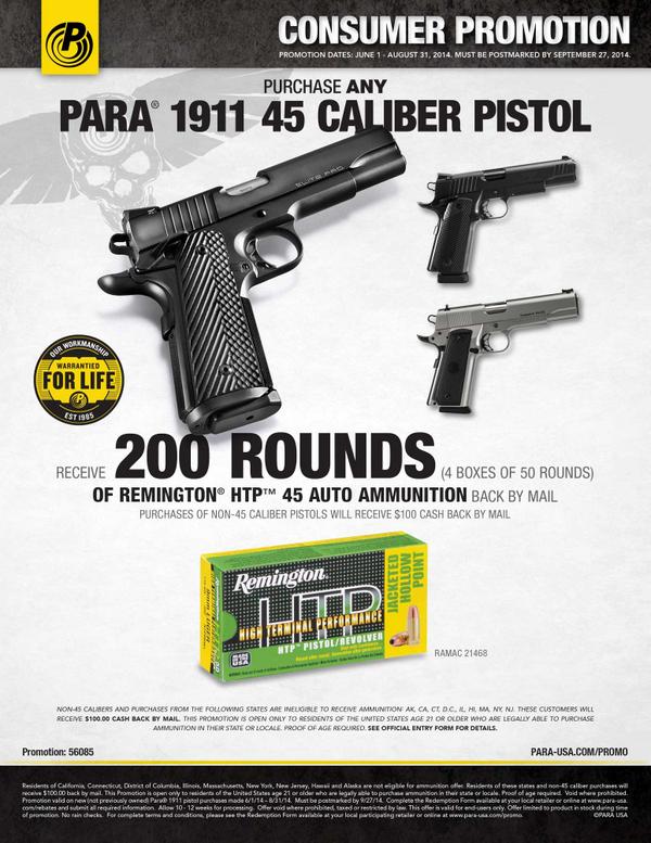 PARA_USA's tweet photo. Buy any 45 caliber PARA pistol and get 200 rounds of @RemingtonArms HTP ammunition. Pick one up this weekend! http://t.co/M3pPqhyefX