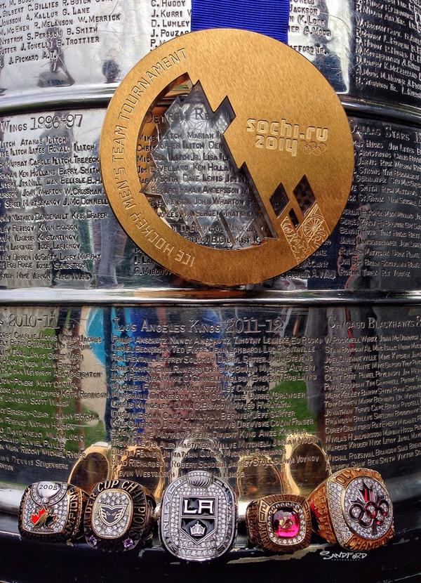 Not a bad collection of hardware for Jeff Carter eh <a href="/LAKings/">LA Kings</a> <a href="/HockeyCanada/">Hockey Canada</a> #Silver&amp;Gold