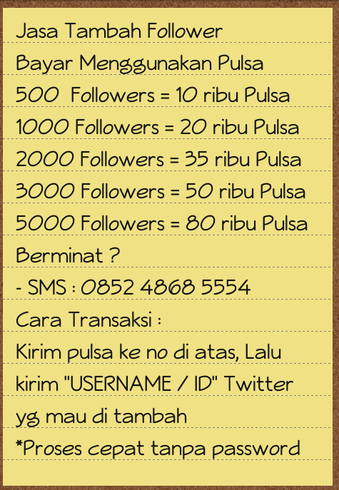 Follower_San's tweet photo. Jasa Follower Bayar Pake Pulsa!
REAL HUMAN INDO
Harga?Cek di Gambar
Bukti bisa tanya langsung
SMS: 0852  4868  5554 http://t.co/HkUnsXMncT