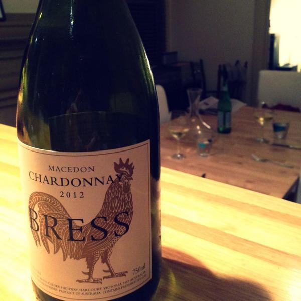 Scottnowine's tweet photo. #Bress Gold Chook 2012 Chardonnay in the decanter behind,waiting on its best mate the #Yapunyah roast chicken http://t.co/fSawhXsP2c