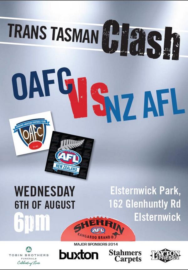 See @AFLNZ final hit out v @Ormond_AFC at @VAFA_HQ before @AFLIC14 opener v @AFLChina hosted by @stkildafc at Seaford