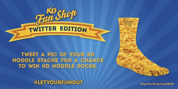 kraftdinner's tweet photo. Want cheesy KD Noodle Socks? Tweet a pic of KD Noodle Stache and tag @KraftDinner #letyourfunout to enter. http://t.co/jcazfVFuED