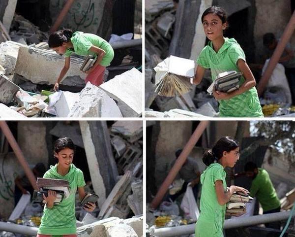 Look at this terrorist try to find her books among the rubbles that was once her home in #Gaza