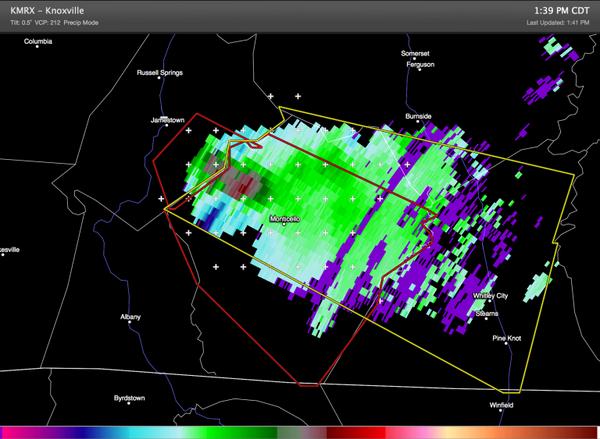 spann's tweet image. Tornado (radar indicated) approaching Monticello, KY #kywx