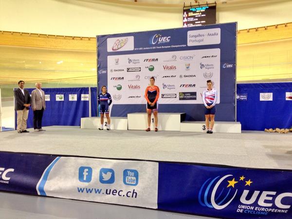 Podium of the women's U23 keirin. #EuroTrack2014