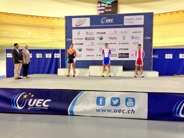 Podium of the men's U23 keirin. #EuroTrack2014