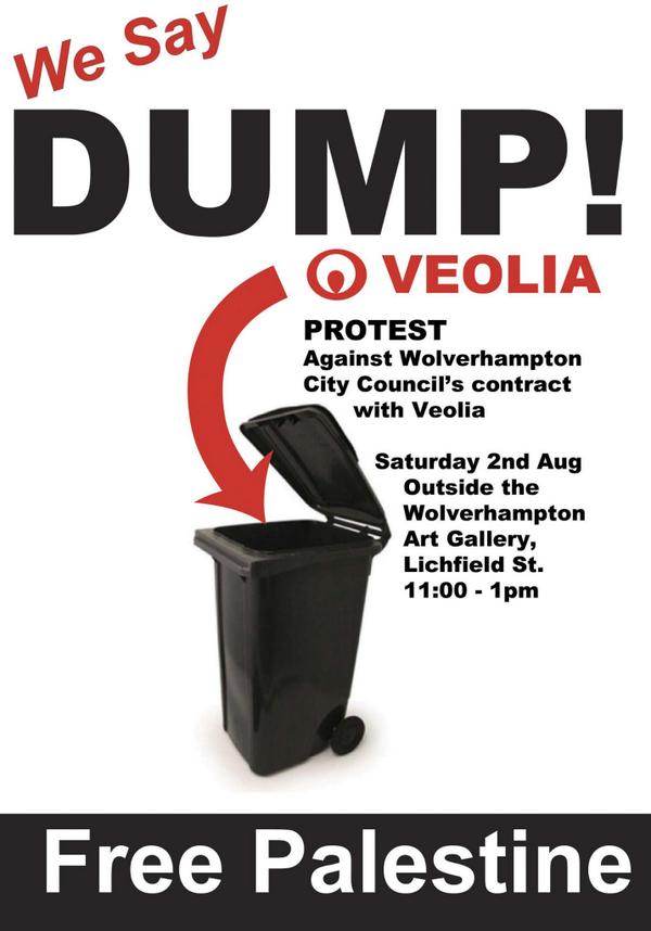 wolvespsc's tweet photo. Protest against Veolia 11:00 Saturday 2 Aug outside W'ton Art Gallery http://t.co/JB0CnwnHdR