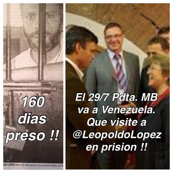 joseantoniokast's tweet photo. 160 días lleva @leopoldolopez en prisión. Pdta d Chile va a Vzla 29/7 q lo visite !! @liliantintori @GobiernodeChile http://t.co/XYw5cy7wA0