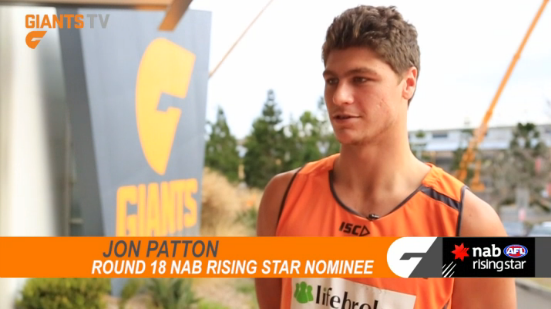 GWSGIANTS's tweet photo. Hear what Jon Patton had to say after receiving the Rd 18 NAB Rising Star nomination. VIDEO: http://t.co/xrBewWvgUH http://t.co/GVx23KwCms