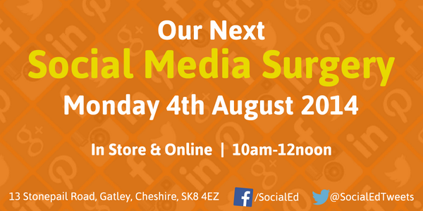 SocialEdTweets's tweet image. Got any Facebook or Twitter questions? Our next FREE Social Media Surgery is on Monday, join us in store or online!