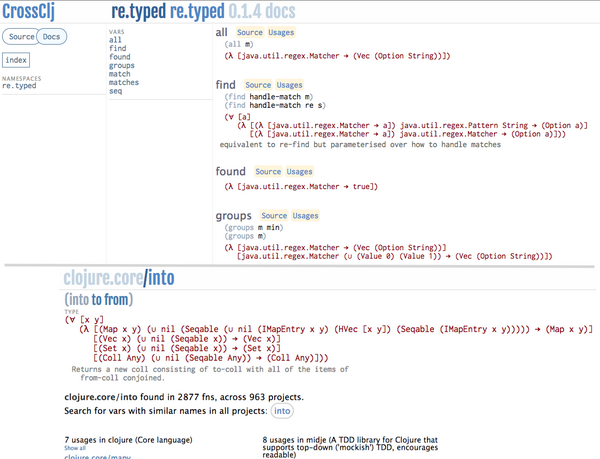 crossclojure's tweet image. crossclj.info now displays core.typed type signatures crossclj.info/doc/org.clojur… #clojure #TypedClojure