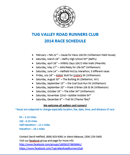 TugValleyRRC's tweet photo. Updated race schedule! RT

#runhappy
#running
#crazy 
#healthyinthehills http://t.co/DaerYc5H2z