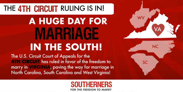South4Marriage's tweet photo. Retweet to celebrate this landmark #4thCircuit #marriage ruling! http://t.co/UWCsbSnIxq #Virginia http://t.co/8JZRCuX7gi