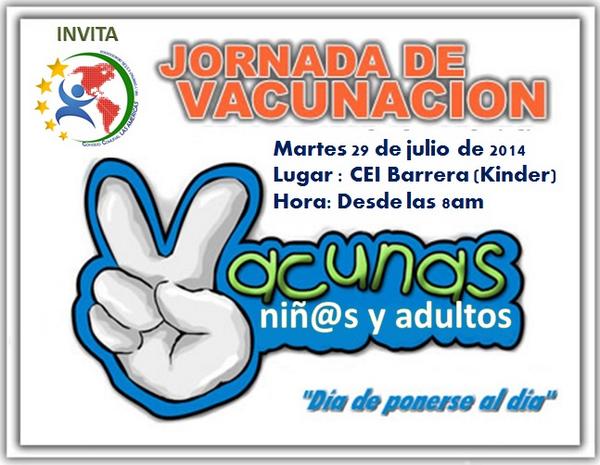 Mañana 29/07 Jornada de Vacunación niños y adultos, en el Kinder a partir de las 8am, ¡corre la voz!