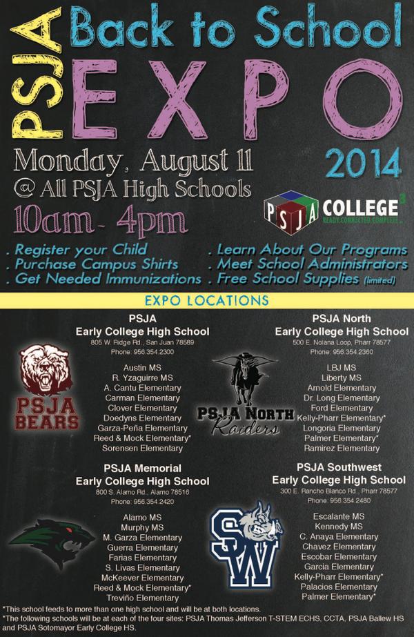 Don't miss PSJA's Back to School Expo - Monday, August 11th from 10 am to 4 pm. Please Share! #PSJA #PSJAExpo