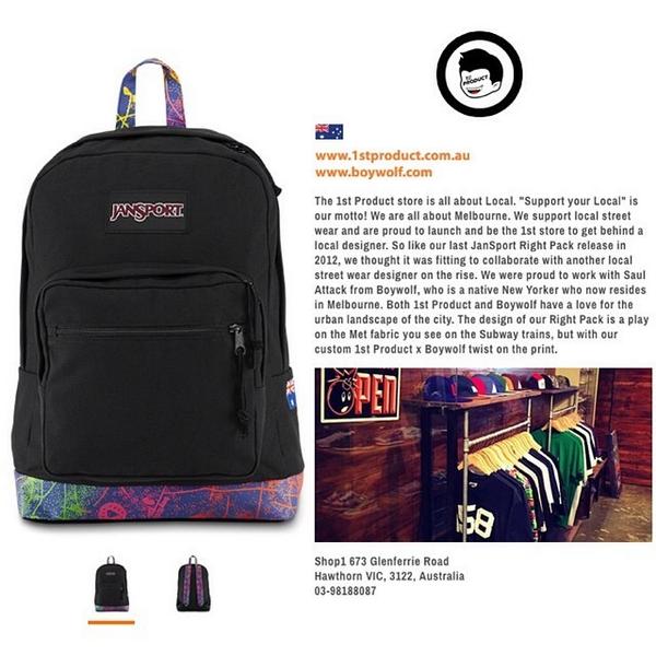 JanSportAus's tweet photo. Support your local @1stproduct X @boywolf Signature Series Right Pack. #mycitymypack #boywolf #1stproduct #jansport http://t.co/xnaXvtRDIe