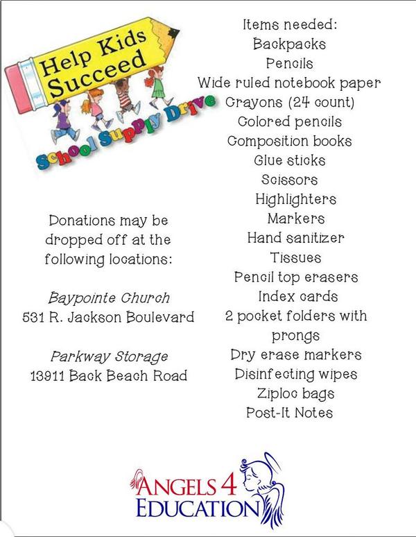 Angels4Educatio's tweet photo. School Supply Drive going on now for the kids of Panama City Beach!! http://t.co/3auzZN1Eay