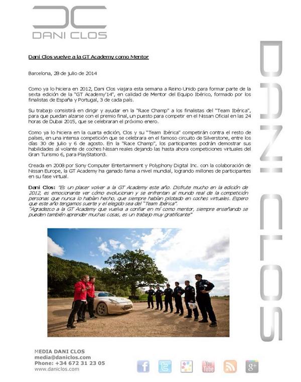 daniclos's tweet photo. Nota Prensa 28/07/2014 Dani Clos vuelve a la GT Academy como mentor http://t.co/HrycrsPOVu