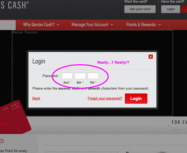 springfels's tweet photo. Biggest #UXFail I have seen in awhile:
Qantas asks for the 2nd, 6th and 7th characters in your password! #ux RT @trib http://t.co/u8wE5p8YNt
