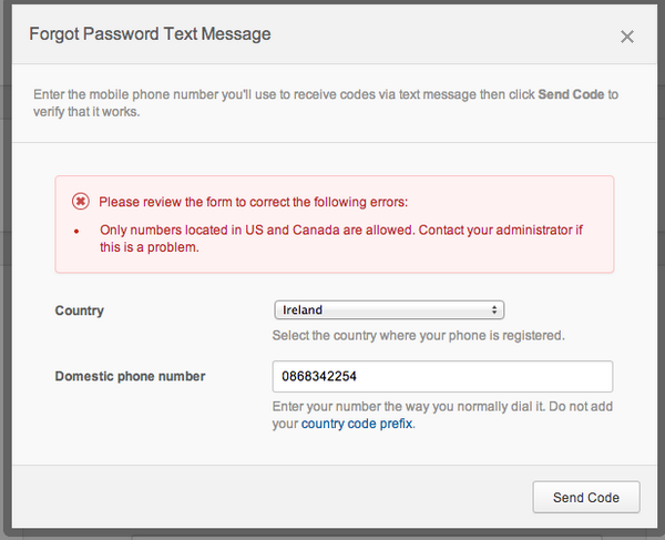 jamesmwhite's tweet photo. First UX fail of the day, pick a country, then enter number, submit, country not allowed #uxfail #fail http://t.co/Mr9dfOBer6