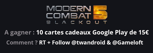 Frandroid's tweet photo. Concours Modern Combat 5 : 10 cartes cadeaux Google Play 15€ à gagner. RT &amp; Follow, le concours se termine le 05/08 ! http://t.co/W1vFrU0oD4