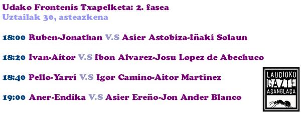 LaudioGazteAsan's tweet photo. Frontenis Txapelketako Lehen Faseko emaitzak eta bihar jokatuko den 2. faserako ordutegiak! @aiaraldea http://t.co/JcsxgFDoKX