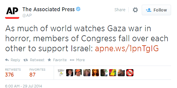 Associated Press tweet: Congress fall over each other to support Israel