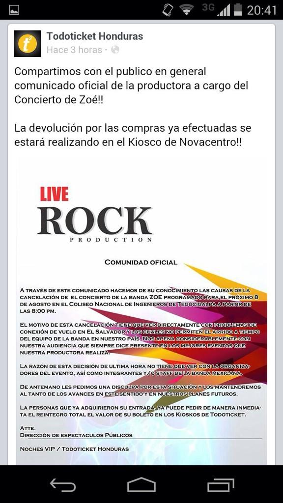 ZoeFansHND's tweet photo. ATENCIÓN: Comunicado oficial de Live Rock Productions anunciando la cancelación del concierto de @zoetheband en TGU. http://t.co/GyRivXGVNK