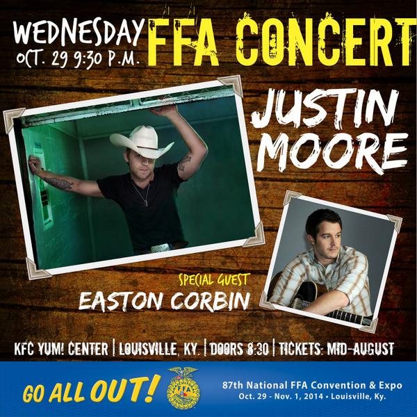 NationalFFA's tweet photo. CONCERT: In Louisville, we'll be lettin' the night roll with @JustinColeMoore and @eastoncorbin on Oct. 29! #goFFA http://t.co/ZdzDp3Plgb