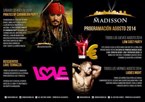 FranCuti9's tweet photo. PROGRAMACIÓN DEL MES DE AGOSTO DE @MadissonClub (torrevieja) LAS MEJORES FIESTAS PARA TI !🍸💎🍸#AreYouReadyForThat? http://t.co/y1TeJ6cUTx