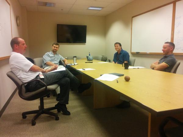 mkuphal's tweet image. PreFabrication meeting for @JJKeller #ThatConference sponsor table activity buildout. #JJKellerDevs #SweetTeam