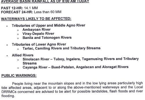 NDRRMC Update on General Flood Advisory no. 01 for Agno and Allied River Basins