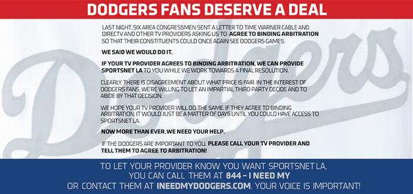 SportsNetLA's tweet photo. SportsNet LA agreed to enter into binding arbitration. If DIRECTV agrees, fans can see games. #FlipTheSwitchDIRECTV http://t.co/yP6z24dg1m