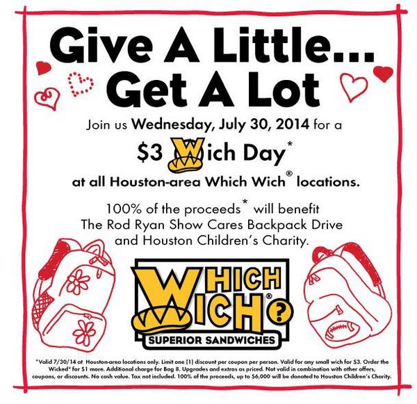 Tomorrow! Please help support the original partners of our #Backpacks for Houston Children's Charity - WHICH WICH!!