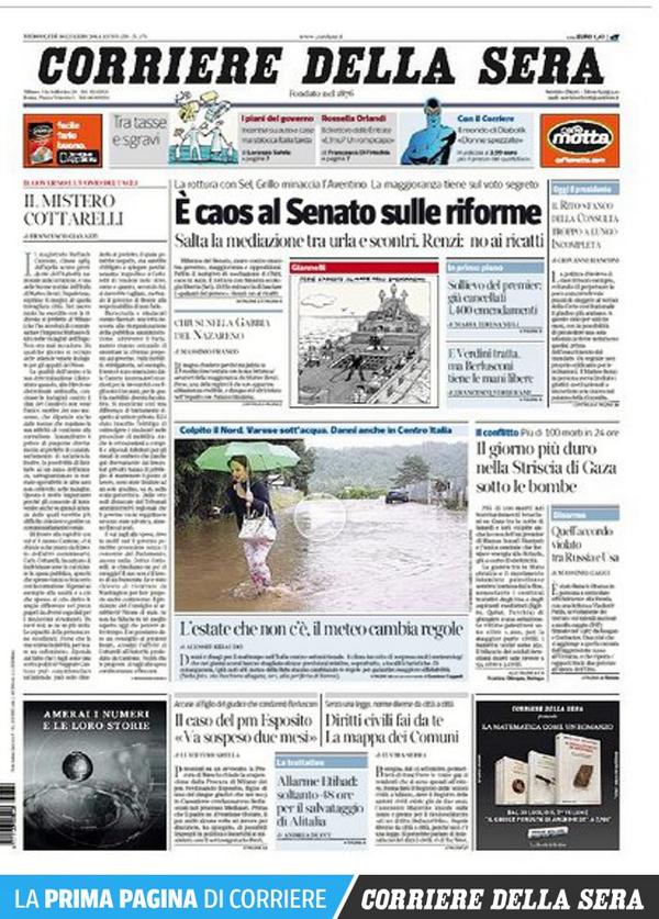 Corriere's tweet photo. Buongiorno, ecco la #primapagina di oggi http://t.co/AMUg6cCyod http://t.co/ygZQozib6E