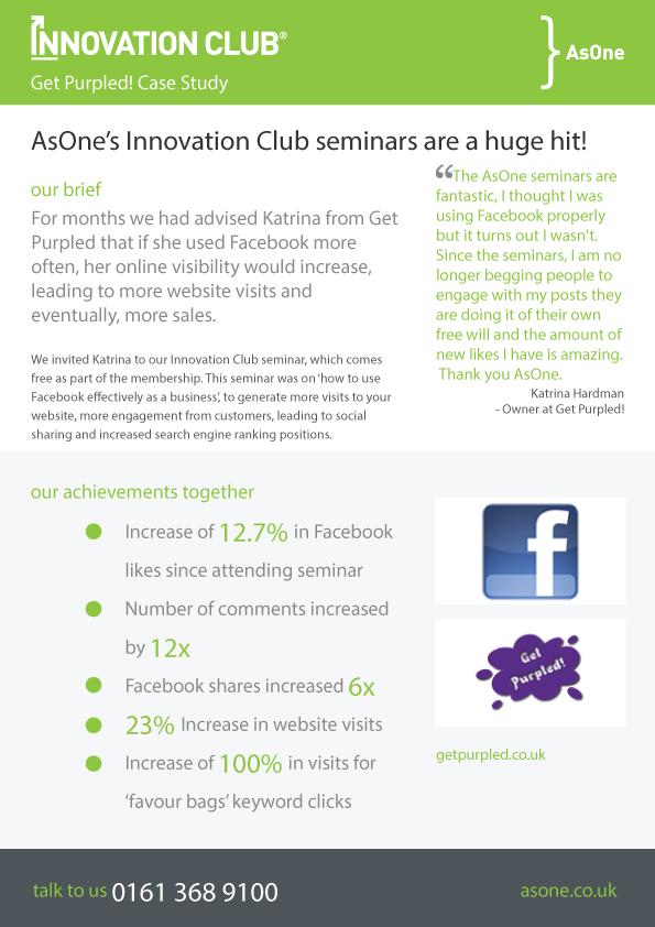 AsOne's tweet photo. AsOne's Innovation Club Seminars a huge hit! Thanks to @Get_Purpled for the feedback. #marketing #Tameside #Facebook http://t.co/76IWxjjXTf