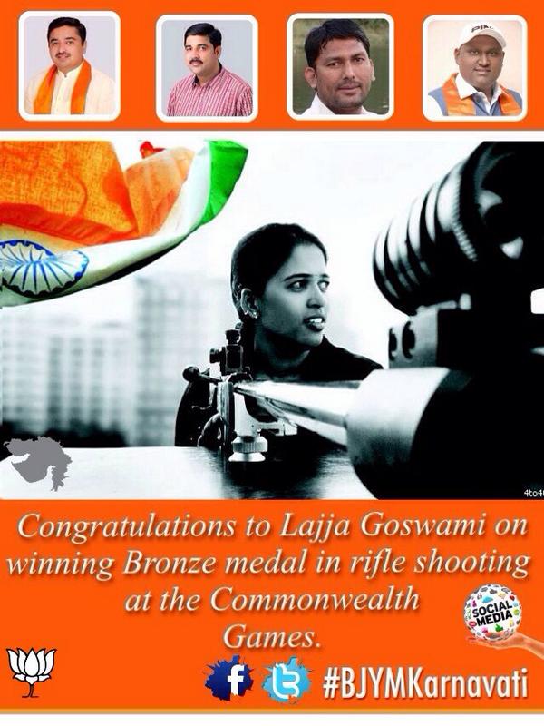 Congratulations  @lajjagauswami on winning Bronze medal in rifle shooting at the @Glasgow2014